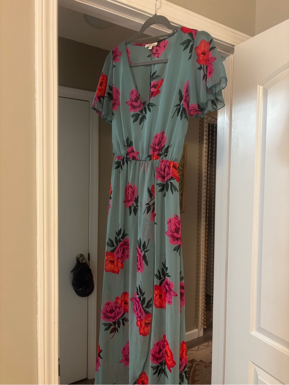 Charlotte Russe Seafoam Maxi Dress with Pink & Coral Floral Print
